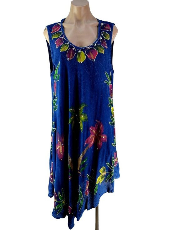 Riviera Sun Dresses & Skirts - Riviera Sun Blue Hand Painted Floral Sleeveless Dress Size 2X Sequins Beachy